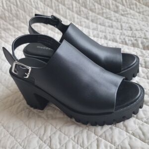 Madden Girl Black Lug Sole Chunky Heel Slingbacks